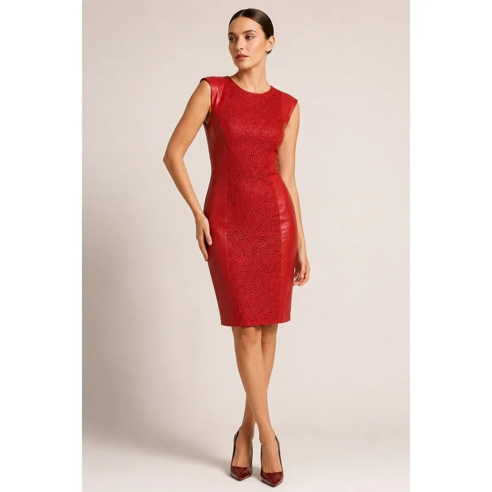 Vakko Women's 2 Red Leather Laser Cut Lace Front Sheath Dress Sleeveless 90s